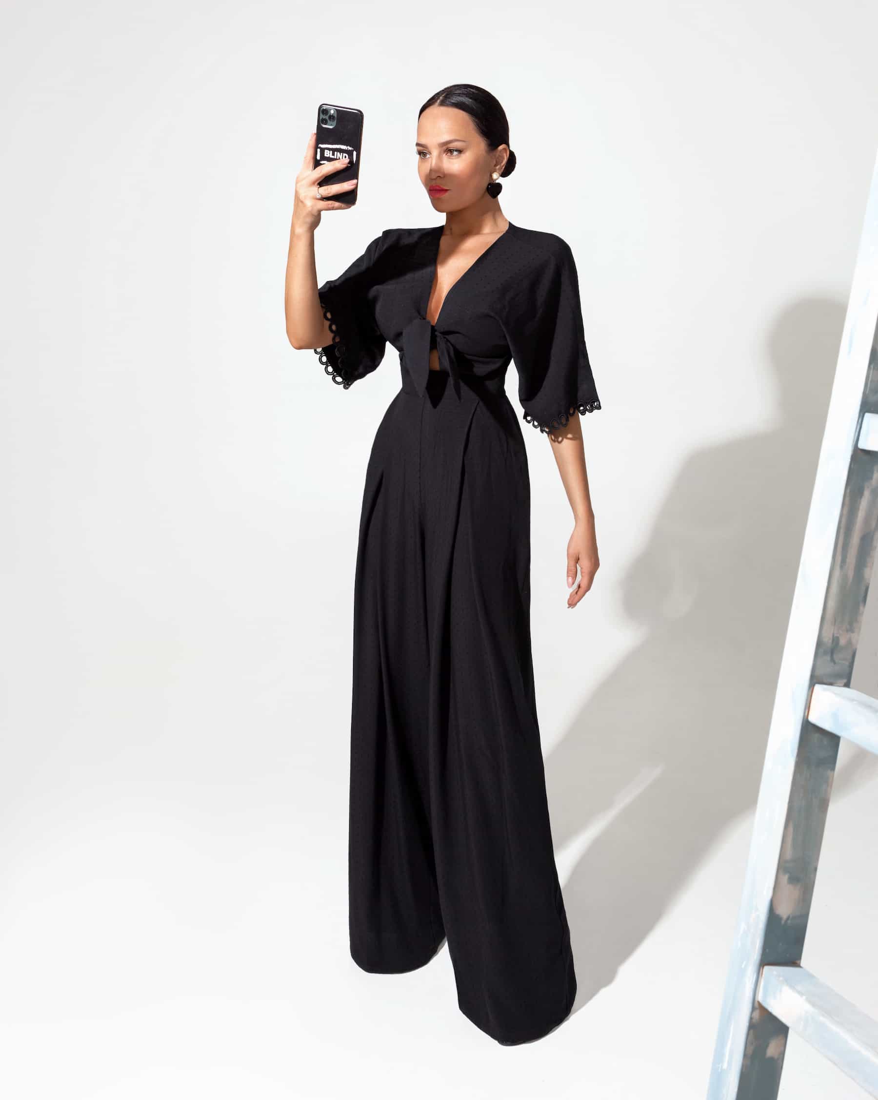 Jumpsuit black with lace with wide leg pants and raglan sleeves